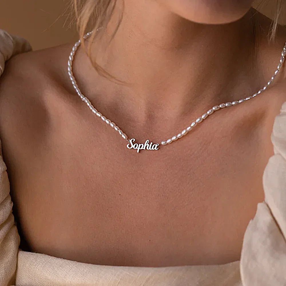 Colar de Perolas Personalizado com Seu Nome - Pérola Cadeia - Aço inoxidável.