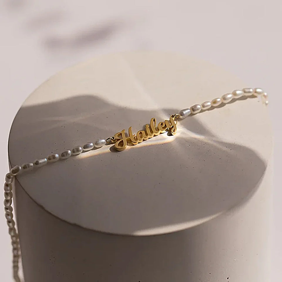 Colar de Perolas Personalizado com Seu Nome - Pérola Cadeia - Aço inoxidável.