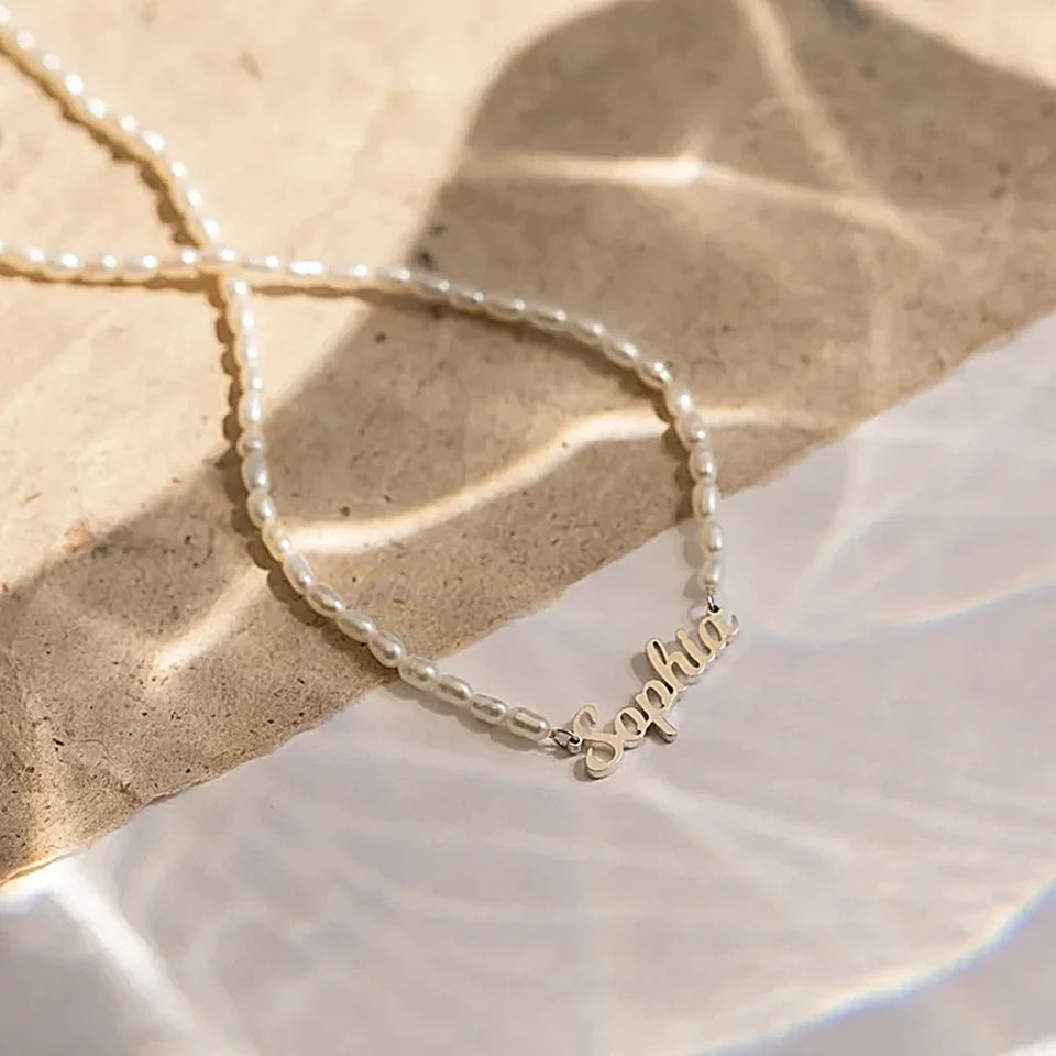 Colar de Perolas Personalizado com Seu Nome - Pérola Cadeia - Aço inoxidável.